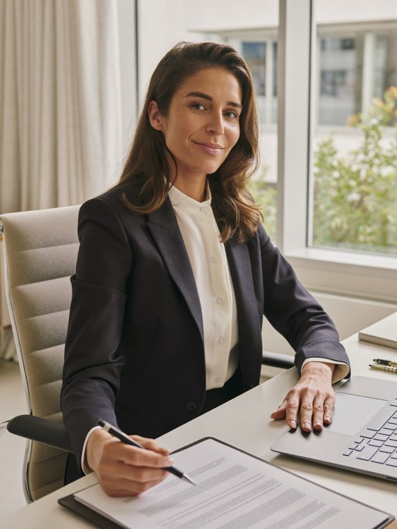 Tax advisor at her desk reviewing documents